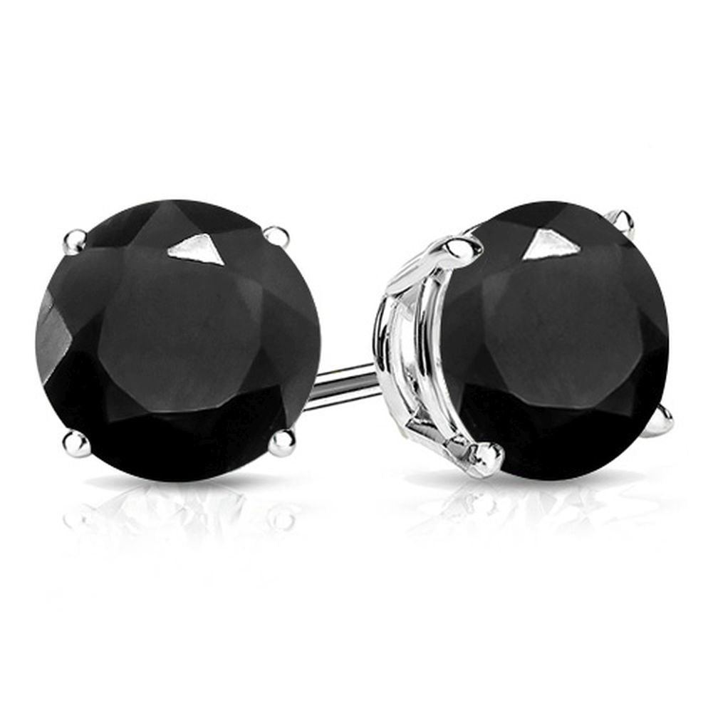 8MM Round Cut Midnight Sapphire 4.8CTW Stud Earrings in Sterling Silver: In platinum over .925 sterling silver basket mountings with friction backs included. Contains 2 round cut genuine midnight sapphire gemstones with deep blue/black color,approx. 4.8CTW, 8mm each. 2.6g