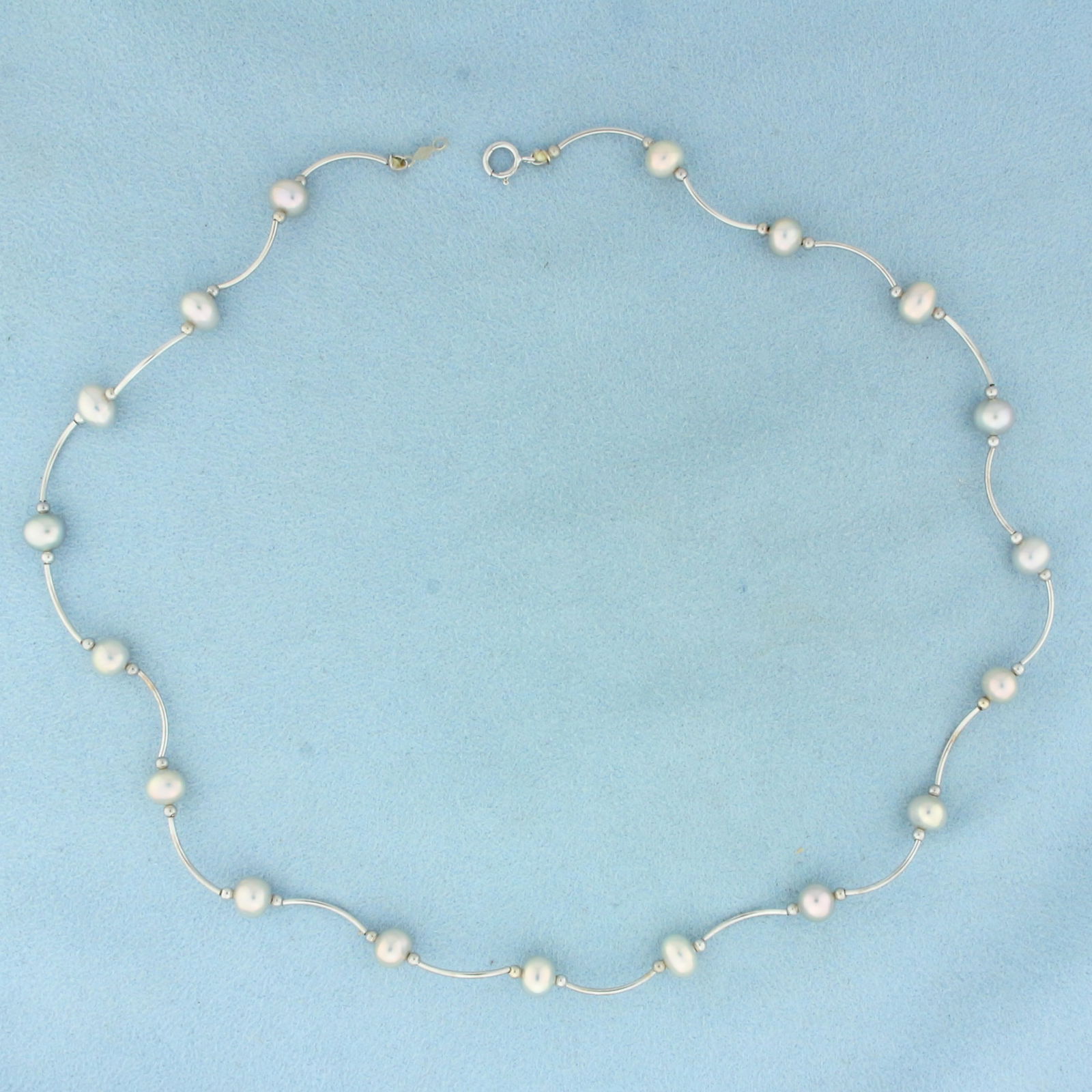 16 Inch Silver Pearl Station Choker Necklace in 14k White Gold (1 of 2)