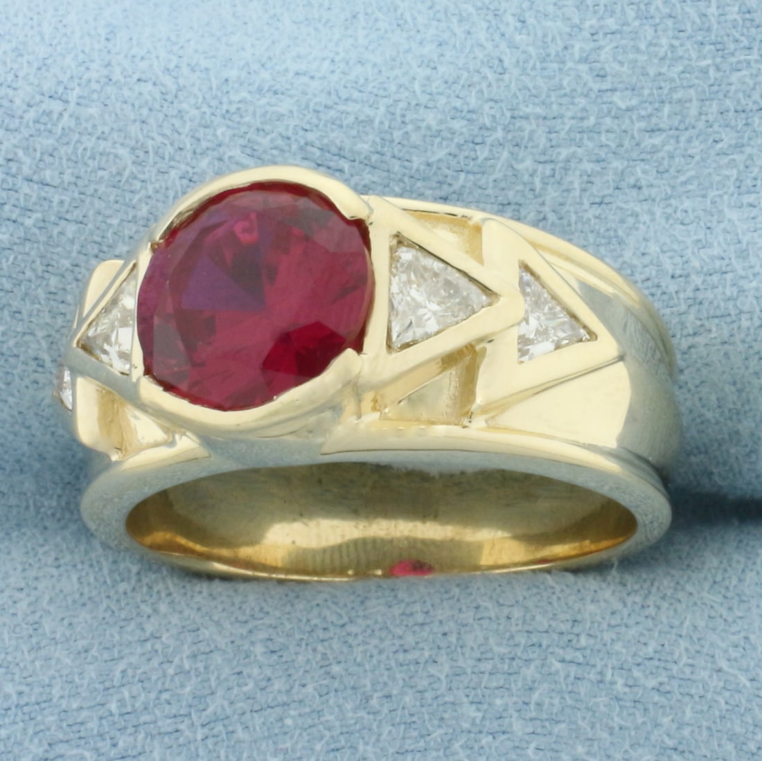 Mens Lab Ruby & Diamond Ring in 14k Yellow Gold - 2