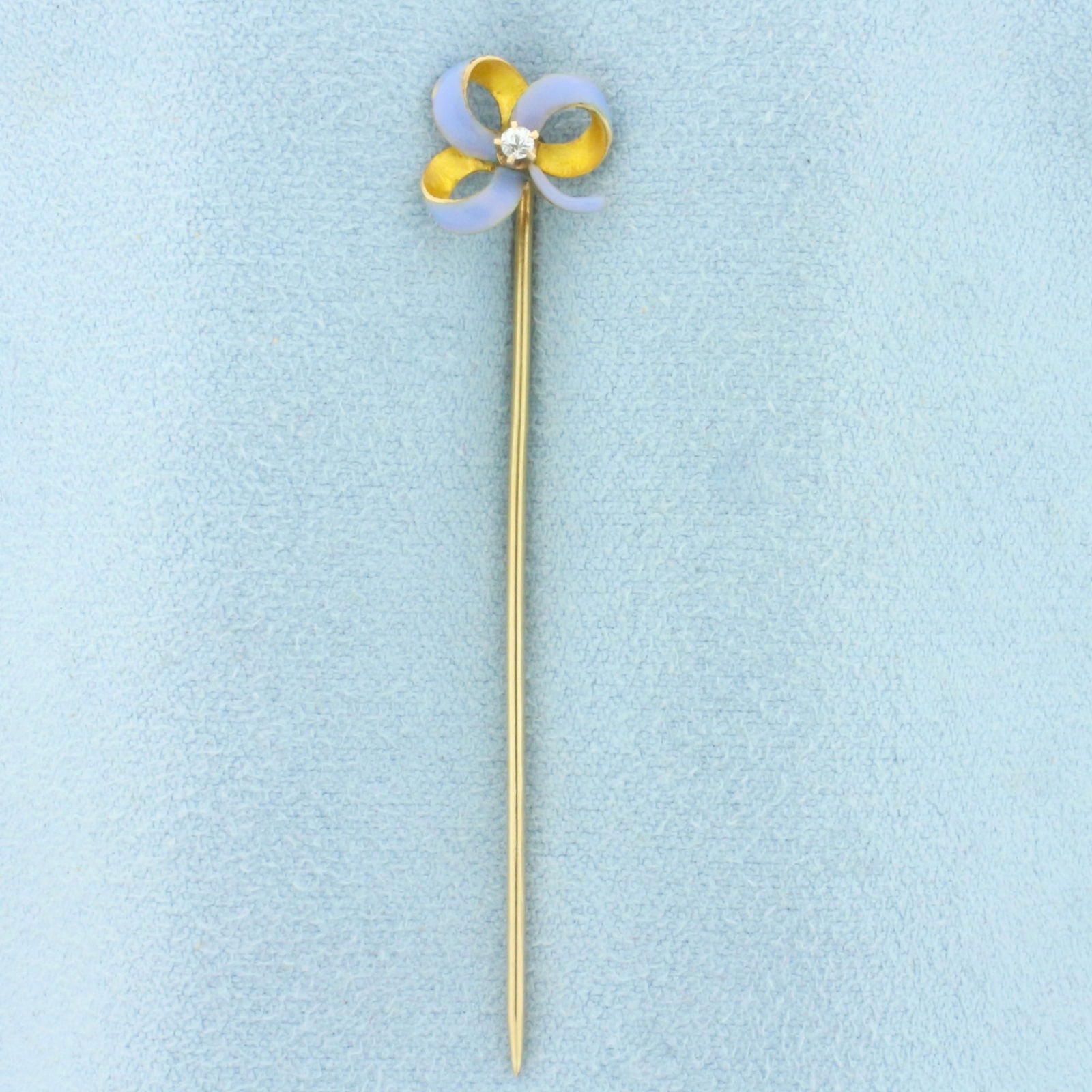 Vintage Diamond Enamel Stick Pin in 14k Yellow Gold: In 14k Yellow Gold. Contains one .01ct high quality diamond. 2 1/8 inch long. 3/8 inch wide. 1.3g.