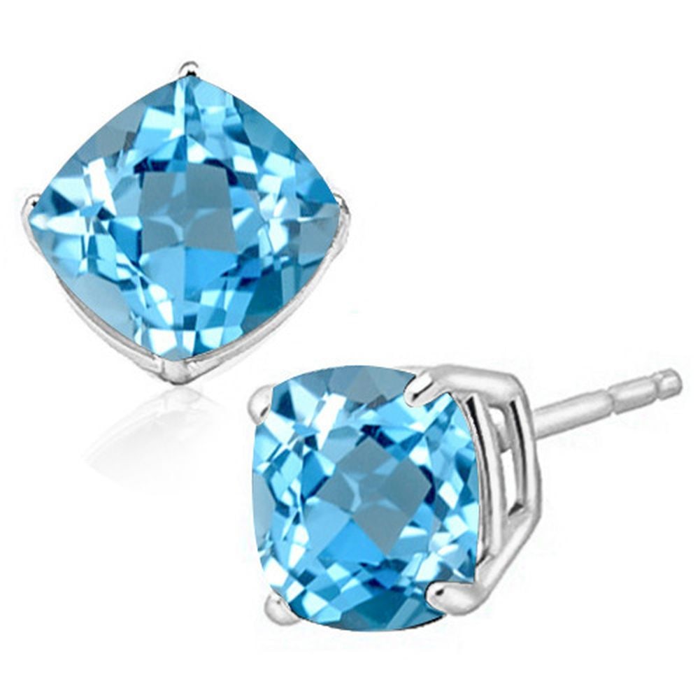 8MM Cushion Cut Sky Blue Topaz 5CTW Stud Earrings in Sterling Silver: In platinum over .925 sterling silver basket mountings with friction backs included. Contains 2 cushion cut sky blue topaz gemstones with excellent color and clarity,approx. 5CTW, 8mm each. 2.1g