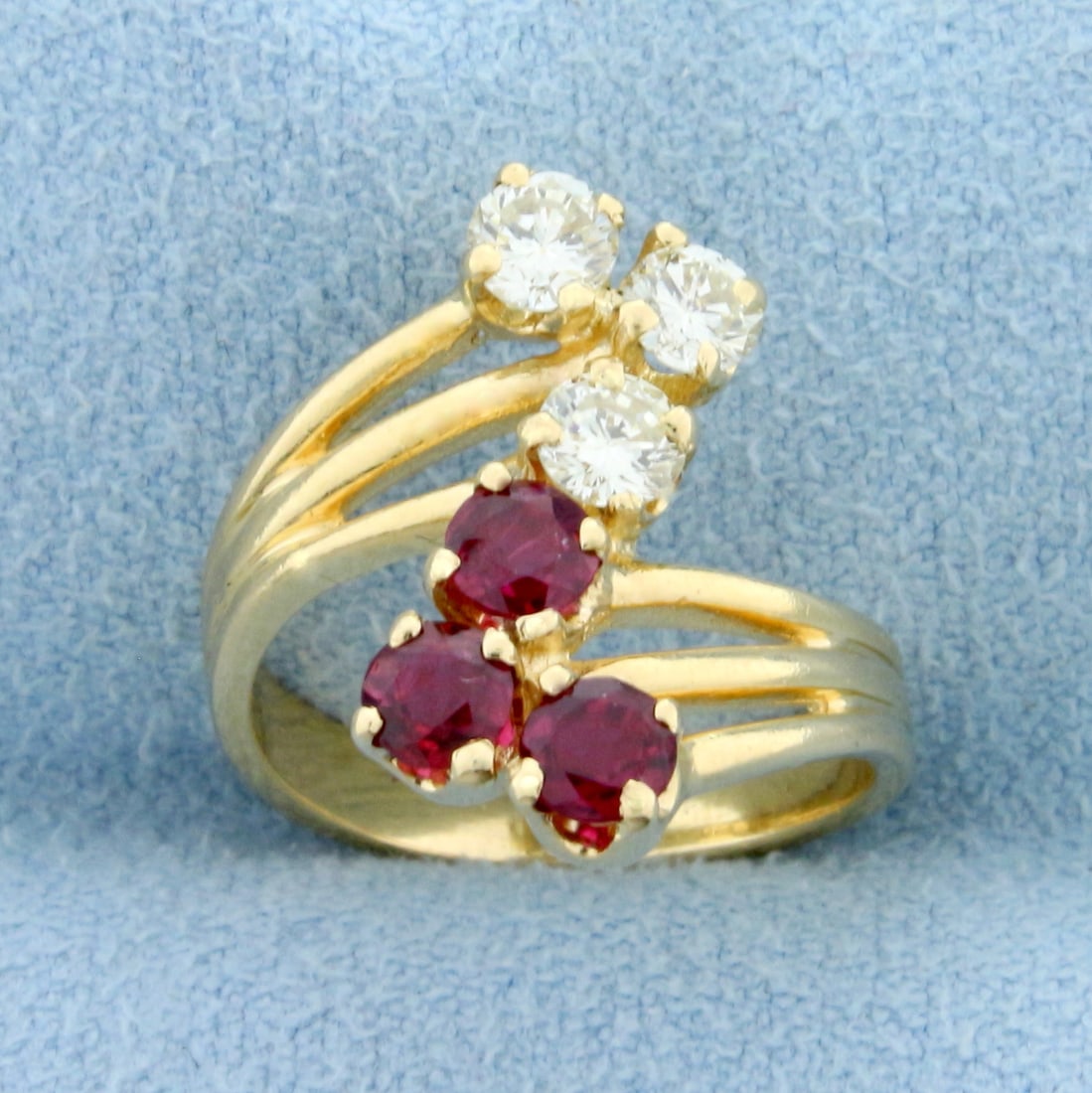 Natural Ruby and Diamond Pinky Ring in 14K Yellow Gold: In 14K Yellow Gold. Contains three high quality 3.4mm high quality natural Ruby gemstones, 1/2ct TW, with intense ruby red color and excellent clarity. Also contains three high quality Diamonds, 1/2ct