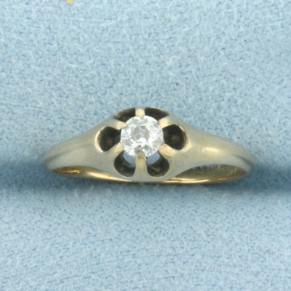 Antique Old European Cut Belcher Set Diamond Solitaire Ring in 14k Yellow Gold: In 14k Yellow Gold. Contains one high quality .15ct antique old European cut diamond, SI2/H. 6mm wide at top. Antique hand engraving inside: "E.F.G. to 1910". Size 5.5. 2.1g.