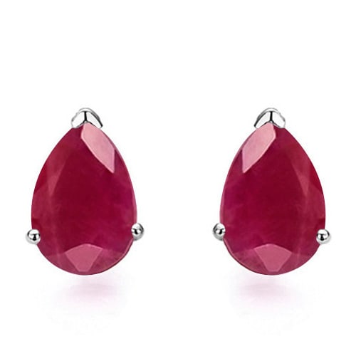 4x6 Pear Ruby Earrings in Sterling Silver: In platinum over .925 sterling silver basket mountings with friction backs included. Contains 2 pear cut genuine Ruby gemstones, approx. 1.3CTW, 4x6mm each. 1.0g