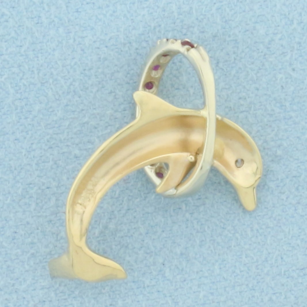 Ruby and Diamond Dolphin Pendant in 14k Yellow Gold - 2