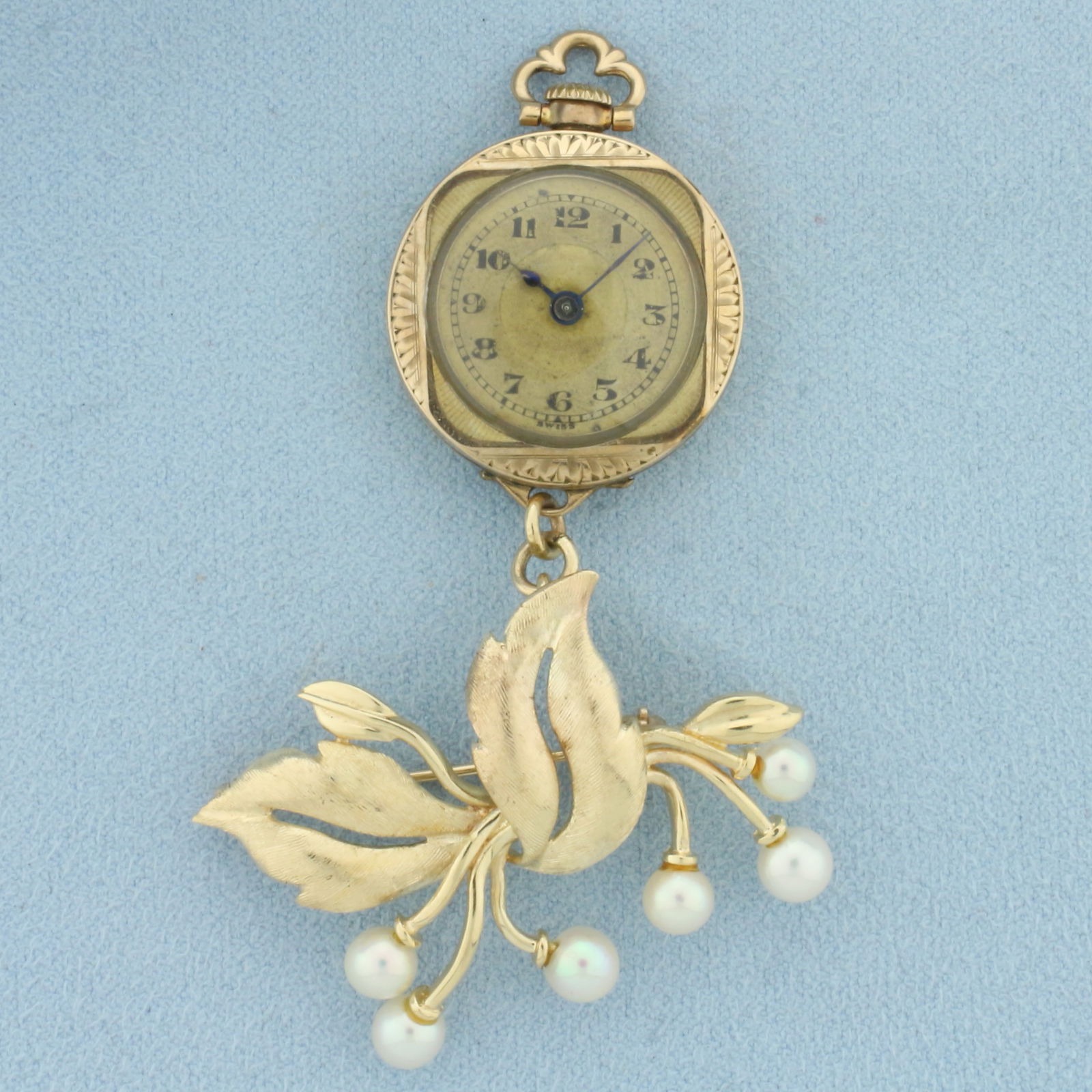 Antique Pearl Wind-Up Watch Brooch in 14k Yellow Gold (1 of 2)