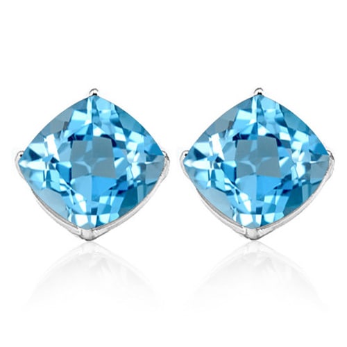 6MM Cushion Sky Blue Topaz Earrings in Sterling Silver: In platinum over .925 sterling silver basket mountings with friction backs included. Contains 2 cushion cut Sky Blue Topaz gemstones with excellent color and clarity, approx. 2.4CTW, 6mm each. 1.6g