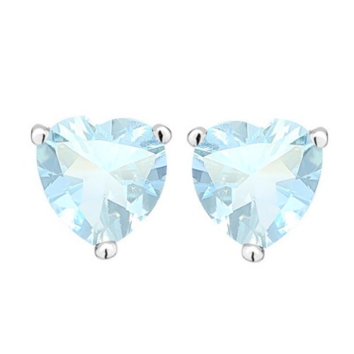 5MM Heart Aquamarine Earrings in Sterling Silver: In platinum over .925 sterling silver basket mountings with friction backs included. Contains 2 heart cut Aquamarine gemstones with light aqua color and excellent clarity, approx. 1CTW, 5mm each. 0.9g