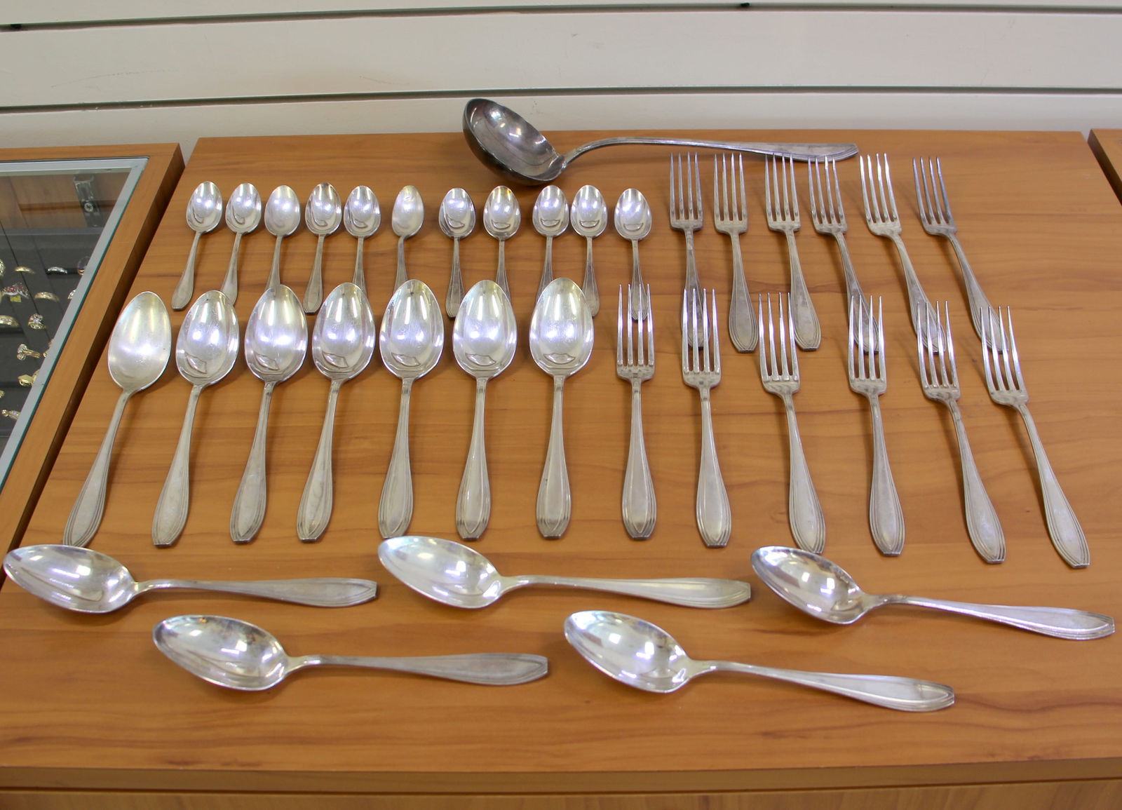 Antique French Societe Anonyme Argental Art Deco Silverplate Thirty Six piece Flatware Set: Silverplate. Contains twelve forks 8 1/8 inches, twelve spoons 8 1/8 inches, eleven teaspoons 5 3/8 inches (one slightly misshapen), one large ladle spoon 12 3/4 inches one tarnish resistant