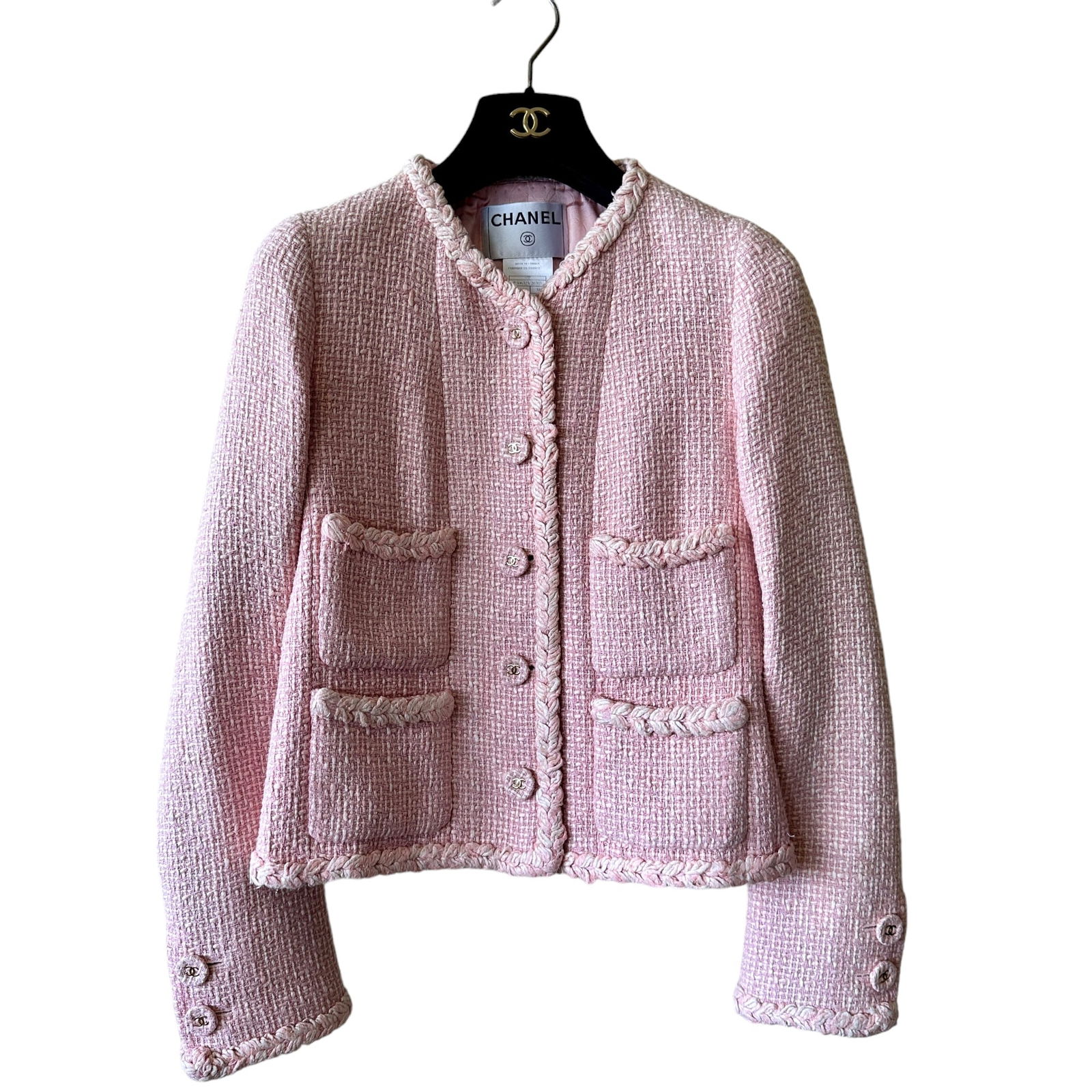 Chanel Barbie Pink 07P Braided CC Logo Button Tweed Short Jacket 38: In size 38. P30632V20705, Ao139. 100% silk tweed, lining is 96% silk, 4% spandex with CC logo and camellia flower design. Iconic tweed covered buttons with gold tone CC logo and chain at bottom. Braid