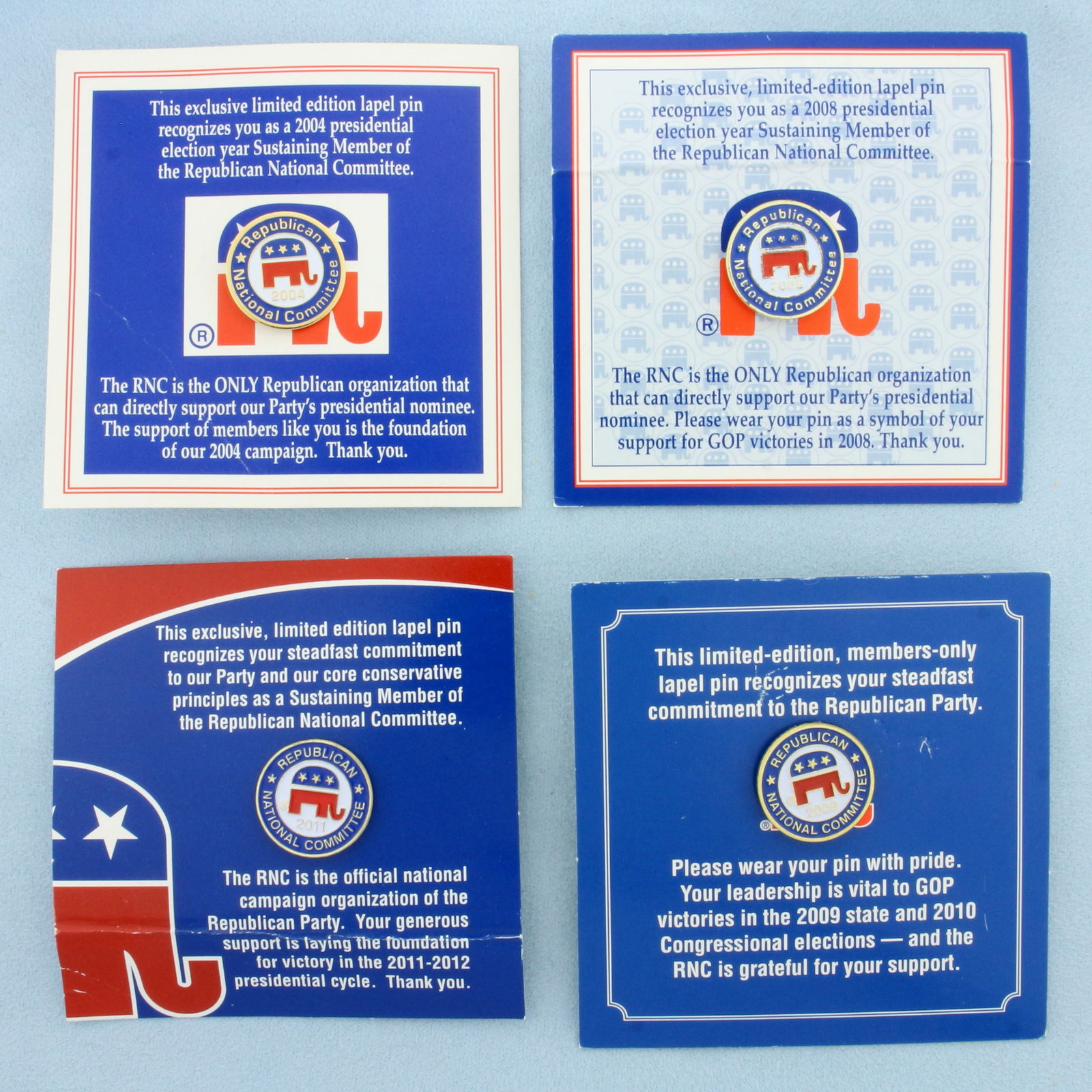 Limited Edition RNC Republican National Committee Lapel Tie Tack Pins - Set of 4: Contains four enameled metal pins.