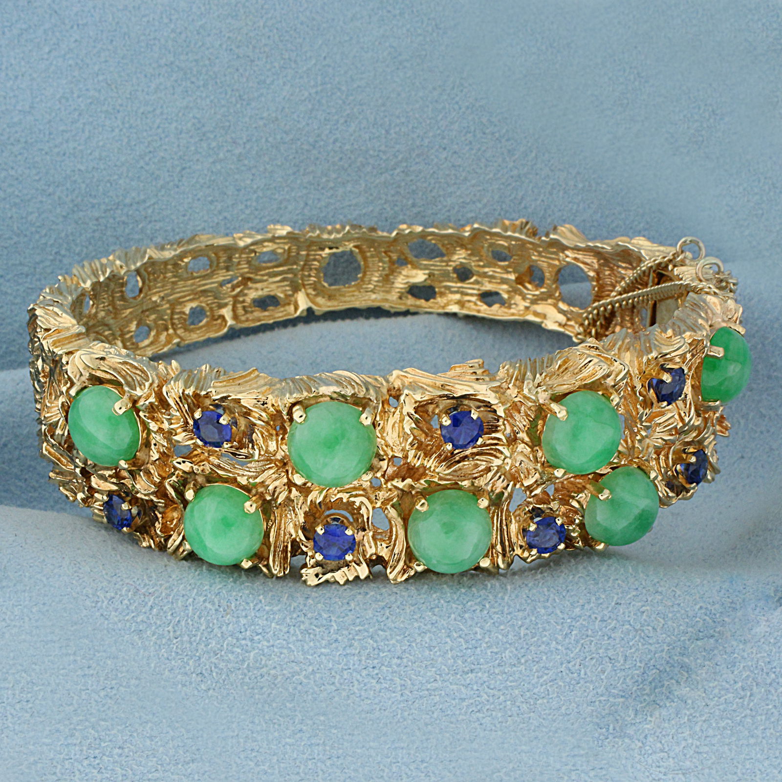 Graduated Natural Sapphire and Jade Heavy Bangle Bracelet in 14K Yellow Gold (1 of 3)