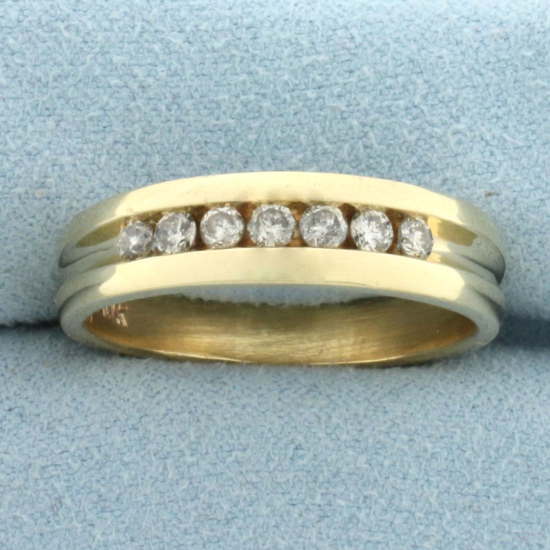 Mens Channel Set Diamond Wedding or Anniversary Band Ring in 10k Yellow Gold: In 10k Yellow Gold. Contains seven high quality diamonds, 1/2ct TW, H color/I clarity. 6.2mm wide at top. Size 13. 6.8g.