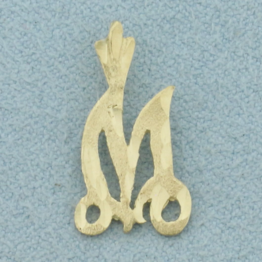 Diamond Cut M Initial Pendant in 14k Yellow Gold: In 14k Yellow Gold. 3/4 inch long. 3/8 inch wide. Diamond cut design for added brilliance. 0.7g.