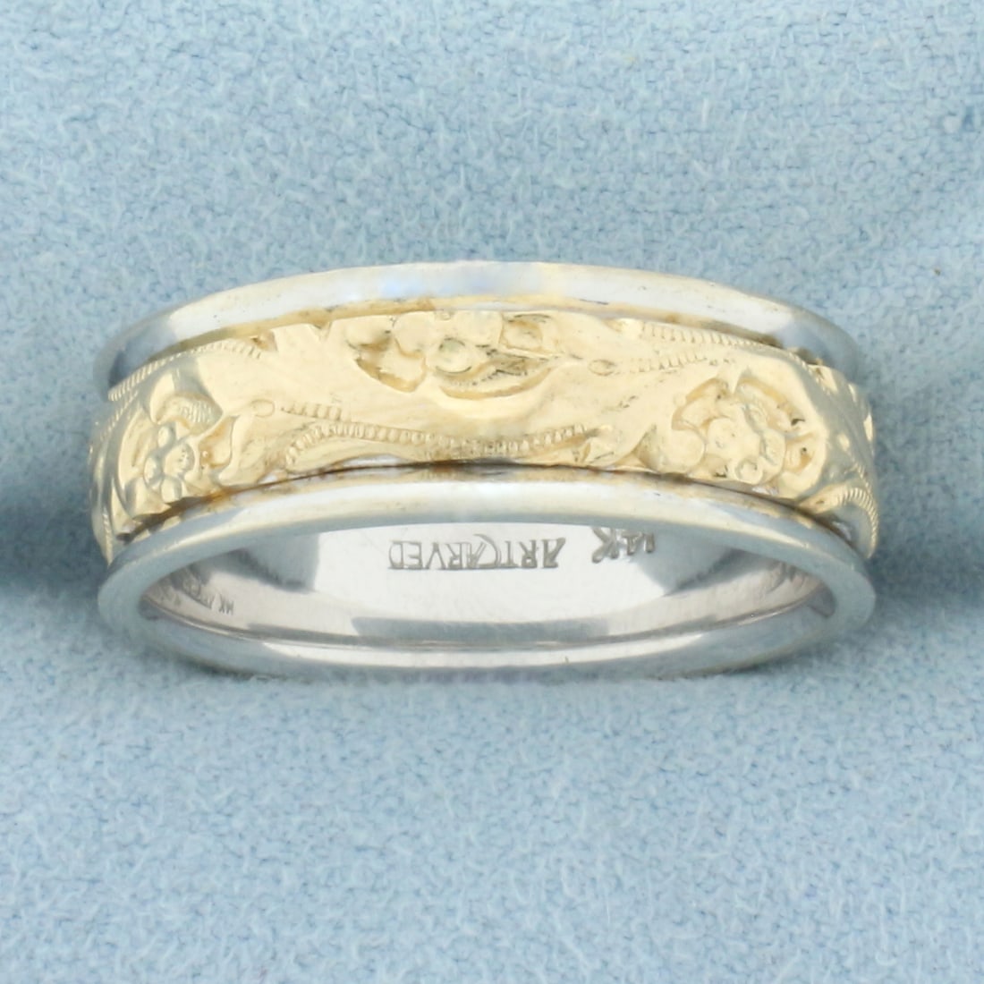 Mens Nature Design Wedding Band Ring in 14k Yellow and White Gold: In 14k yellow and white gold. 8mm wide. Size: 11. 10.7g.