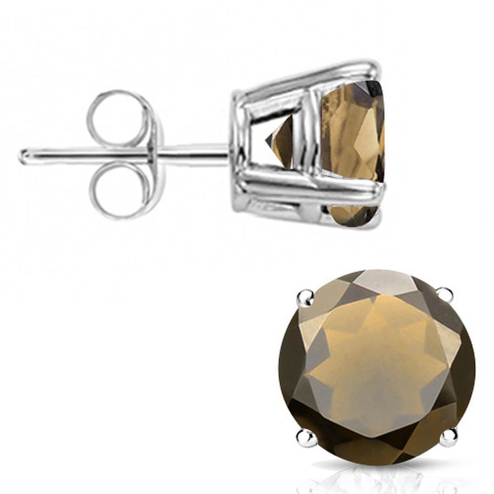 6MM Round Cut Smoky Quartz 2CTW Stud Earrings in Sterling Silver: In platinum over .925 sterling silver basket mountings with friction backs included. Contains 2 round cut smoky quartz gemstones with excellent color, approx. 2CTW, 6mm each. 1.4g