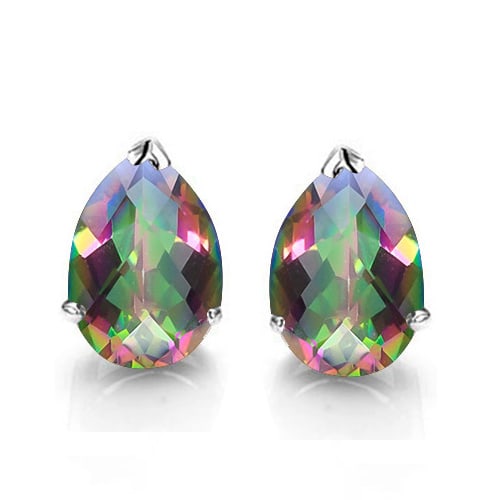 4x6 Pear Mystic Topaz Earrings in Sterling Silver: In platinum over .925 sterling silver basket mountings with friction backs included. Contains 2 pear cut Mystic Topaz gemstones with excellent color and clarity, approx. 0.7CTW, 4x6mm each. 0.9g