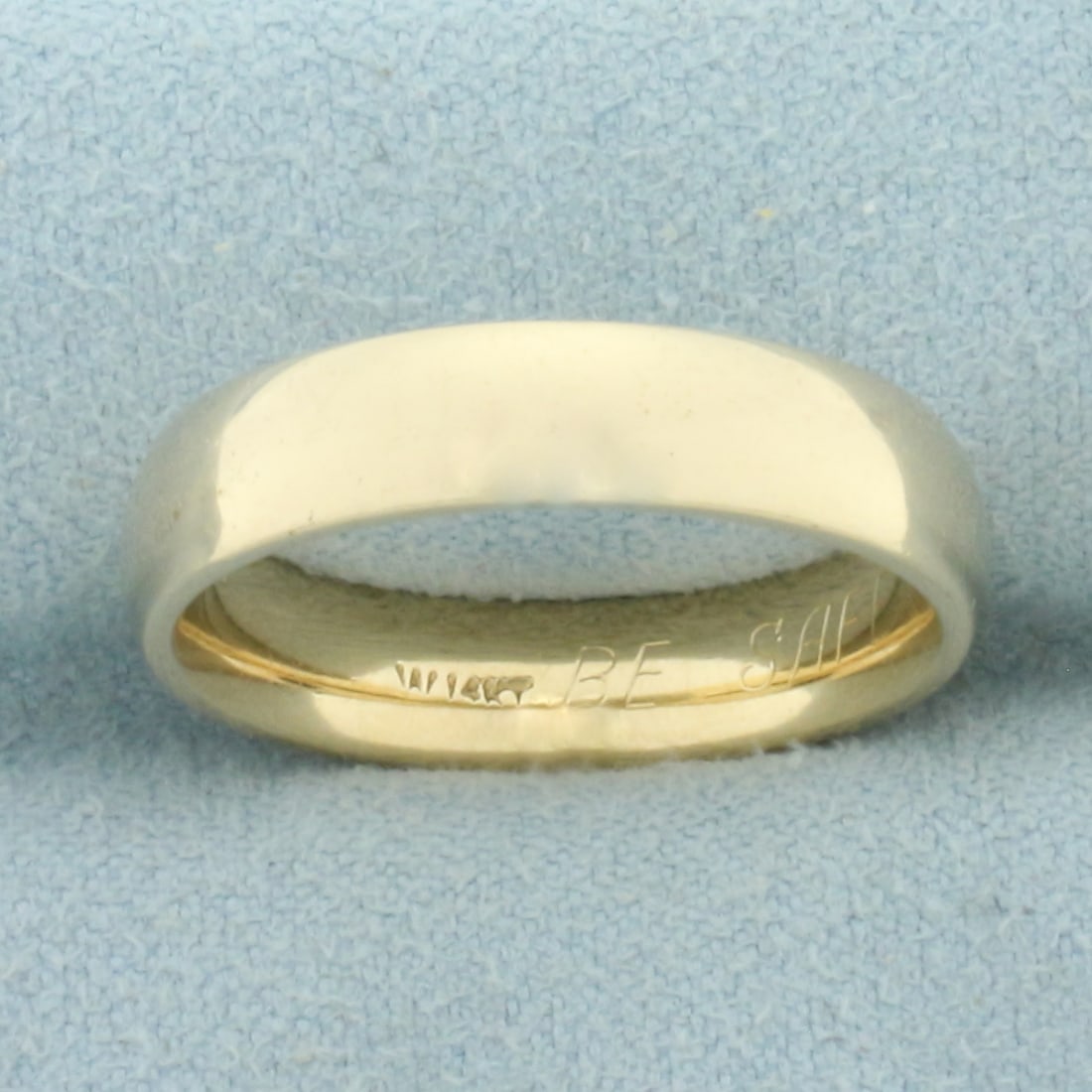 Mens Comfort Fit Half Dome Wedding Band Ring in 14k Yellow Gold: In 14k Yellow Gold. 5mm wide. Comfort fit. Engraved inside: "BE SAFE COME HOME TO ME". Engraving can be removed upon request. Size 8.75. 7.2g.