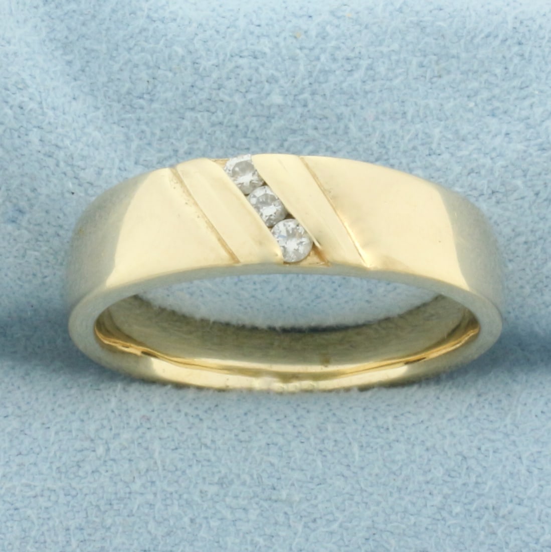 Mens Diamond Comfort Fit Wedding Band Ring in 14k Yellow Gold: In 14k Yellow Gold. Contains three .04ct high quality diamonds, SI clarity/H color. 6mm wide at top of ring. Size 10.25. 8.4g.