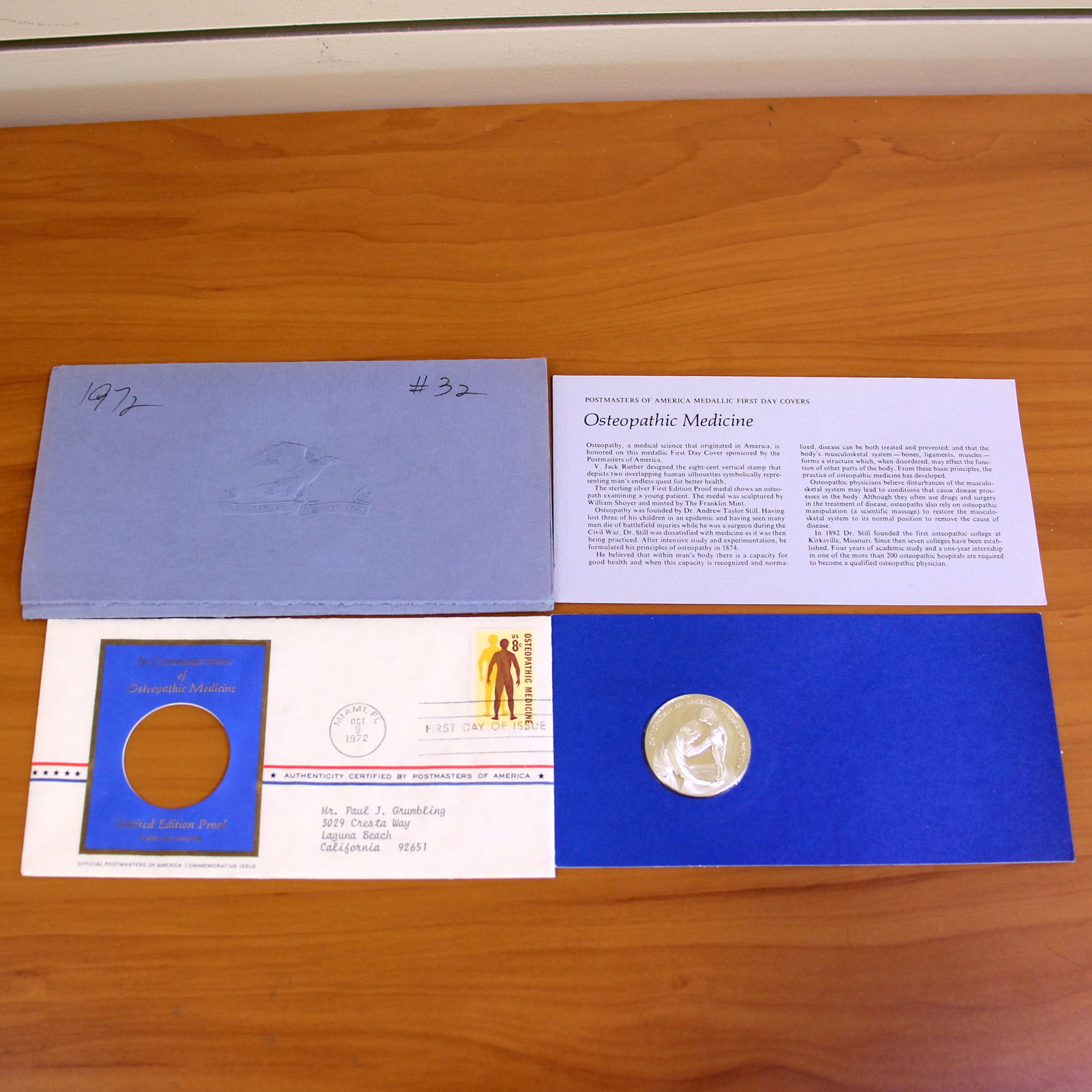 Postmasters of America Osteopathic Medicine Commemorative Proof Medal Coin COA: Contains one Limited Edition Sterling Silver Osteopathic Medicine Commemorative Proof Medal. Set in original envelope and contains certificate of authenticity.