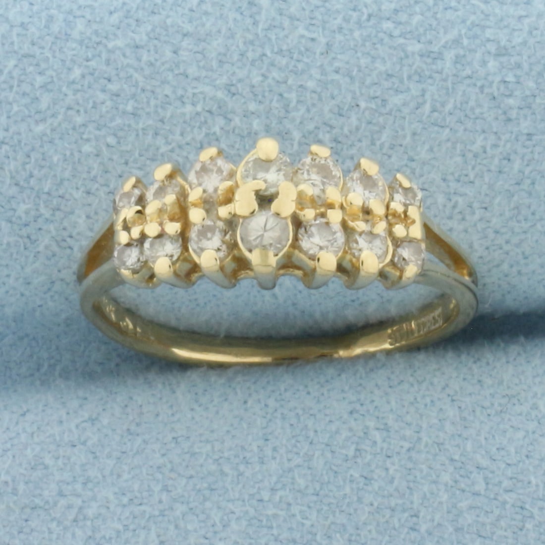 Double Diamond Row Ring in 14k Yellow Gold: In 14k Yellow Gold. Contains fourteen high quality diamonds, 1/2ct TW, SI clarity/H color. 6.6mm wide at center. Size 7. 2.9g.