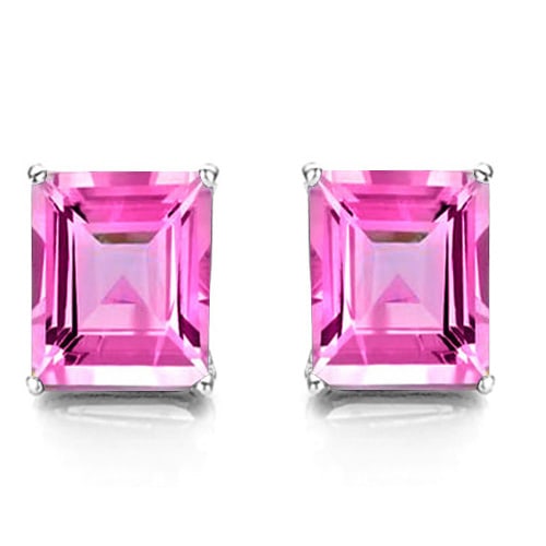 6x8 Emerald Cut Lab Pink Sapphire Earrings in Sterling Silver: In platinum over .925 sterling silver basket mountings with friction backs included. Contains 2 emerald cut lab created Pink Sapphire gemstones with excellent color and clarity, approx. 3.6CTW, 6x8mm
