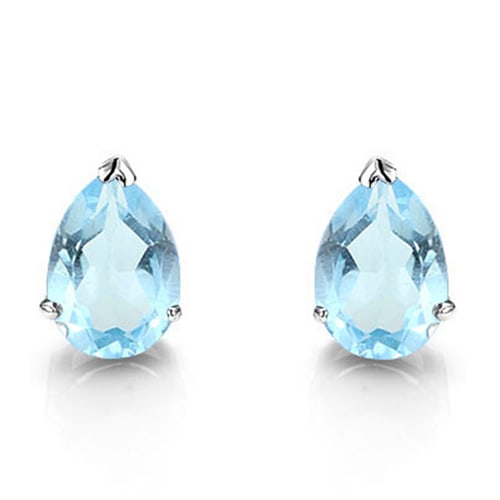 4x6 Pear Sky Blue Topaz Earrings in Sterling Silver: In platinum over .925 sterling silver basket mountings with friction backs included. Contains 2 pear cut Sky Blue Topaz gemstones with excellent color and clarity, approx. 1CTW, 4x6mm each. 0.9g