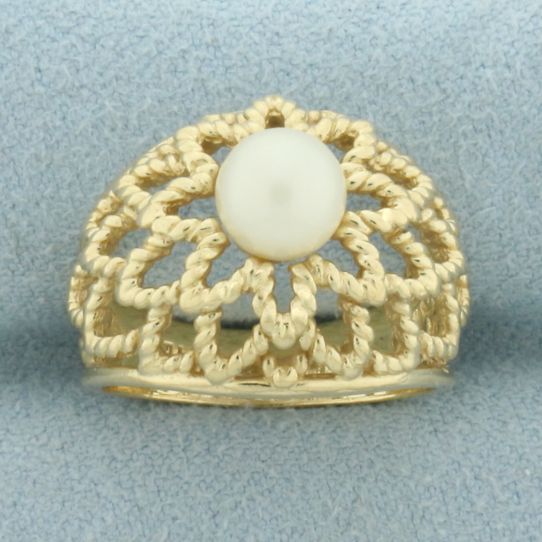 Cultured Akoya Pearl Bombe Ring in 14k Yellow Gold: In 14k Yellow Gold. Contains one 6.3mm high quality natural Cultured Akoya Pearl gemstone with high luster. 15mm wide at top. Size 5. 6.3g.