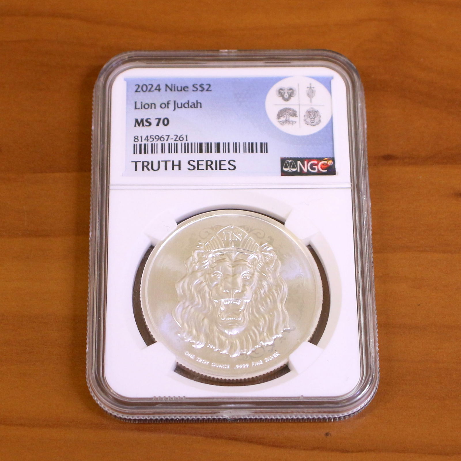 NGC 2024 MS70 Niue Lion of Judah Silver Two Dollar Coin: Contains one 2024 MS70 Niue Lion of Judah 1oz Silver Two Dollar Coin. Packaged by NGC.