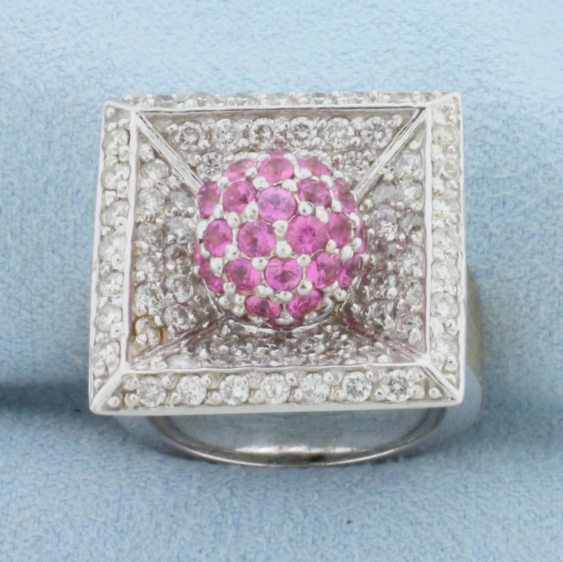 Interchangeable Pink Sapphire and Diamond Ring in 14K White Gold: In 14K White Gold. Contains twenty seven high quality natural 2mm Pink Sapphire gemstones with vibrant pink color and excellent clarity. Also contains seventy two high quality .01 ct Diamonds, SI clar