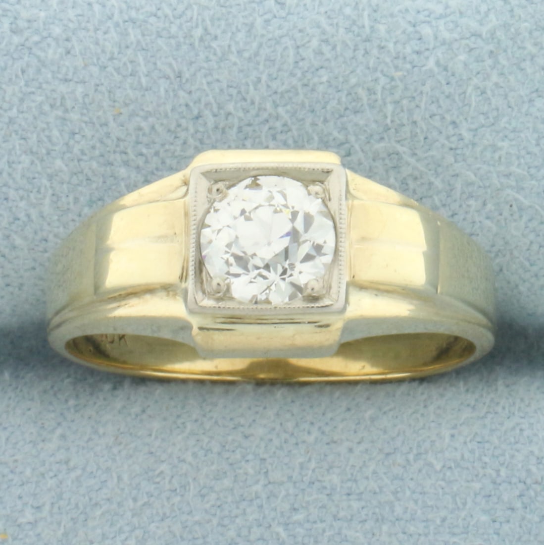 Mens Antique Old European Diamond Solitaire Ring in 10k Yellow Gold: In 10k yellow gold. Contains one high quality 1.05ct Old European Cut diamond, VVS clarity/I color. 9.5mm wide at top of ring. Milgrain detail Size: 9.5. 4.3g.