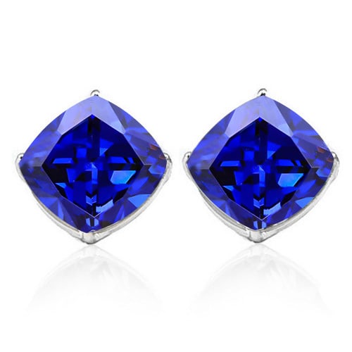 10MM Cushion Lab Tanzanite Earrings in Sterling Silver: In platinum over .925 sterling silver basket mountings with friction backs included. Contains 2 cushion cut lab created Tanzanite gemstones with excellent color and clarity, approx. 13.5CTW, 10mm each