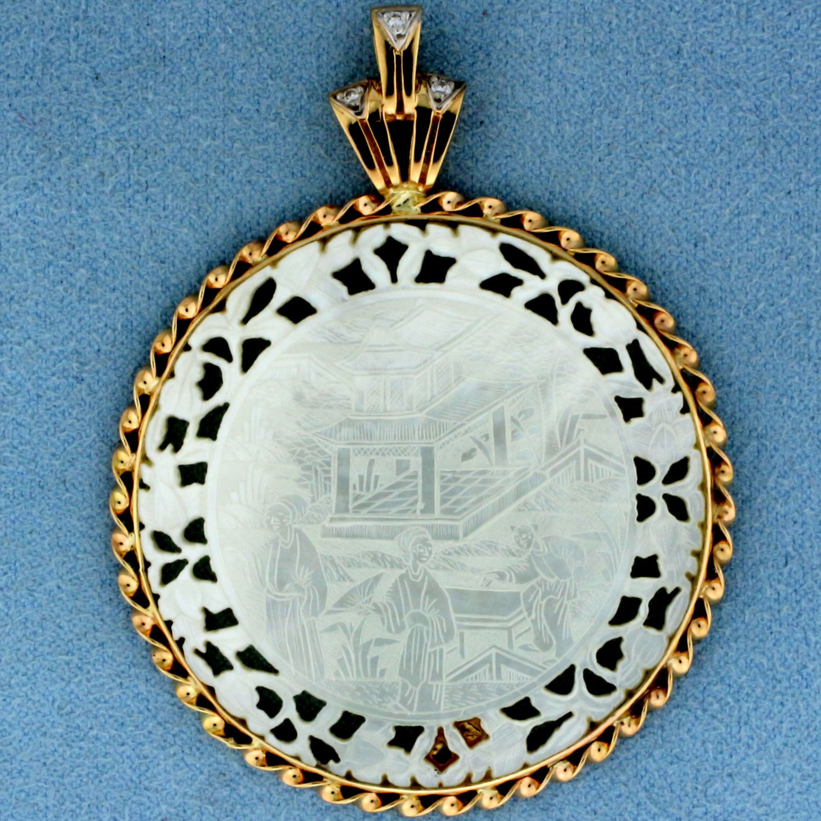 Diamond and Mother of Pearl Chinese Gaming Counter Pendant in 14k Yellow Gold: In 14k Yellow Gold. Contains one high quality hand carved 1 5/8 inch diameter Chinese gaming counter mother of pearl gemstone. Also contains three high quality .01ct diamonds, VS clarity/G color. 2 3/