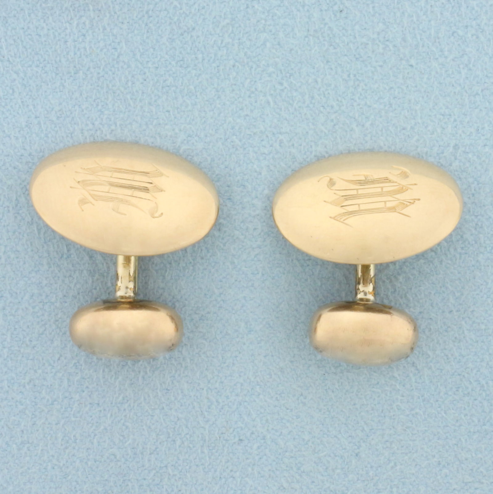 Antique M or W Hand Engraved Cufflinks in 10k Rose Gold: In 10k rose gold. 3/4 inches long by 1/2 inch wide oval. 5.1g.