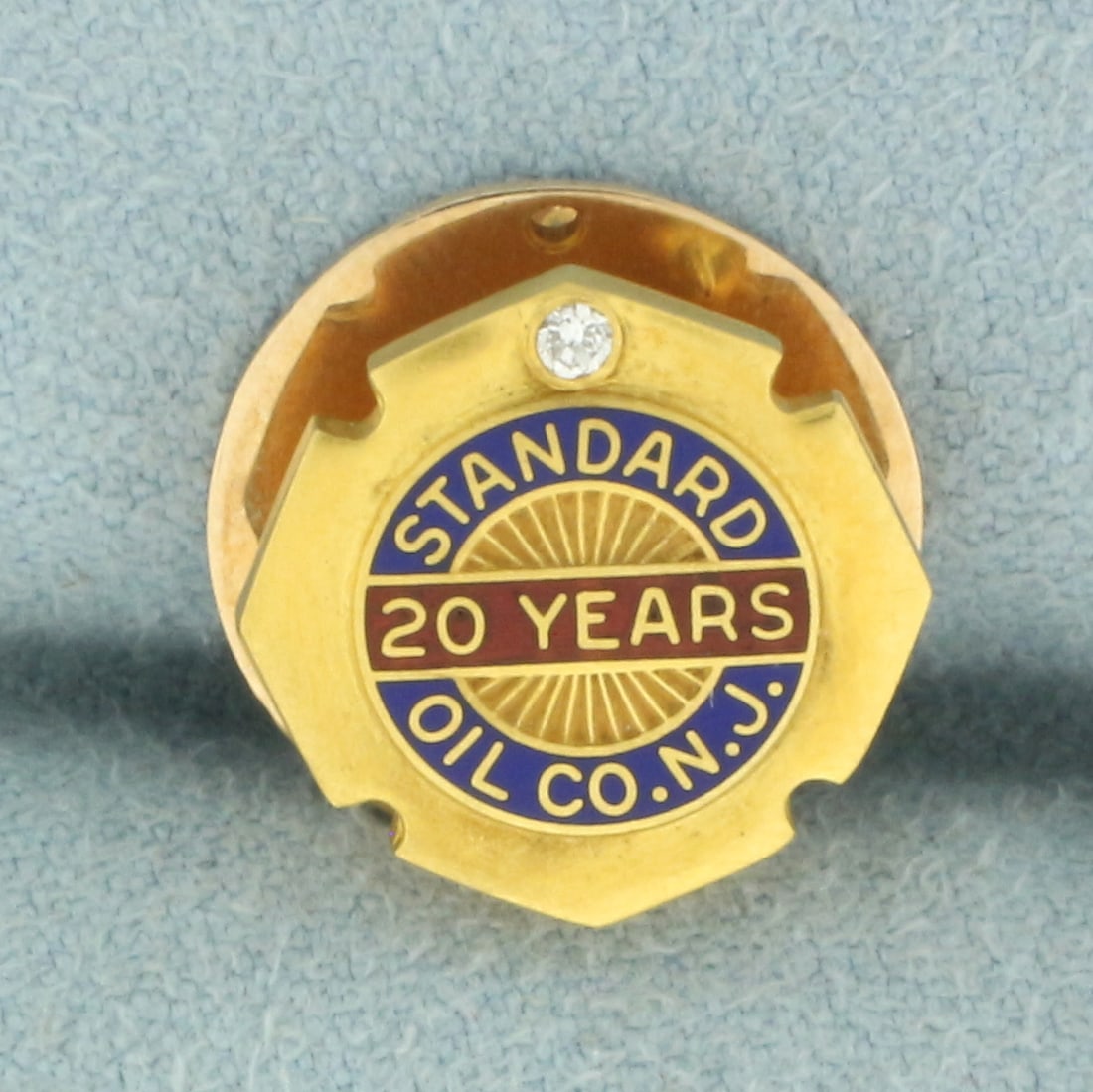 Antique Standard Oil Co. N.J. 20 Years Enamel Diamond Pin in 14k Yellow Gold: In 14k yellow gold. Contains one high quality .01ct diamond. 1/2 inch diameter. 3.7g.