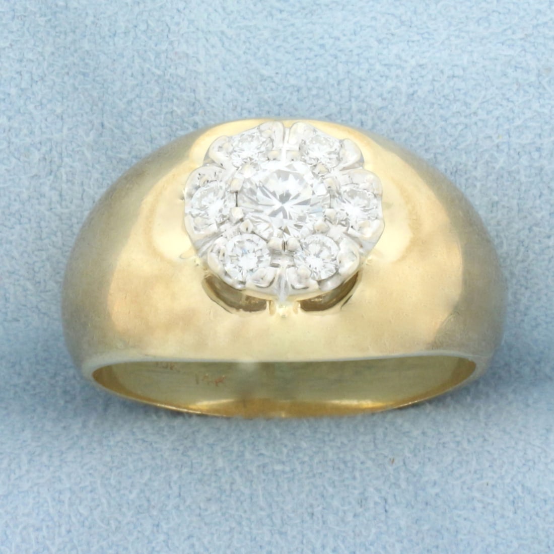 Mens Diamond Belcher Ring in 10k Yellow Gold: In 10k yellow gold with 14k white gold head. Contains one high quality diamond 2/3ct, SI1/G. Also contains six high quality diamonds, 1/3ctctw, of similar high quality. 15mm wide at center. Size: 12.7