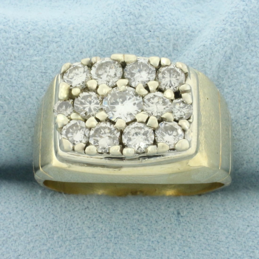 Mens 2ct Pave Diamond Ring in 14k Yellow Gold: In 14k Yellow Gold. Contains one 1/3ct, ten .15ct, and two .07ct high quality diamonds, SI clarity/H color. 2ct TW. 14.5mm wide at widest point. Size 12. 13.2g.