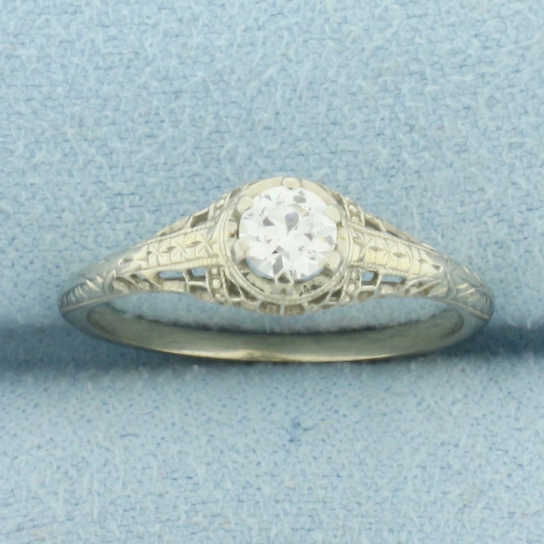 Antique Old European Cut Diamond Filigree Ring in 18k White Gold: In 18k White Gold. Contains one 1/3ct high quality Old European cut diamond, VS clarity/G color. Size 6.25. 1.9g.