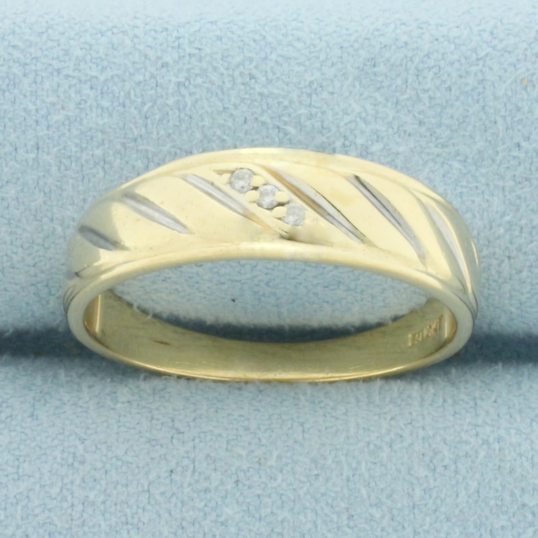 Mens Three Stone Diamond Wedding Band Ring in 10k Yellow Gold: In 10k Yellow Gold. Contains three high quality 1/2pt diamonds. 6.5mm wide. Size 10.5. 3.3g.