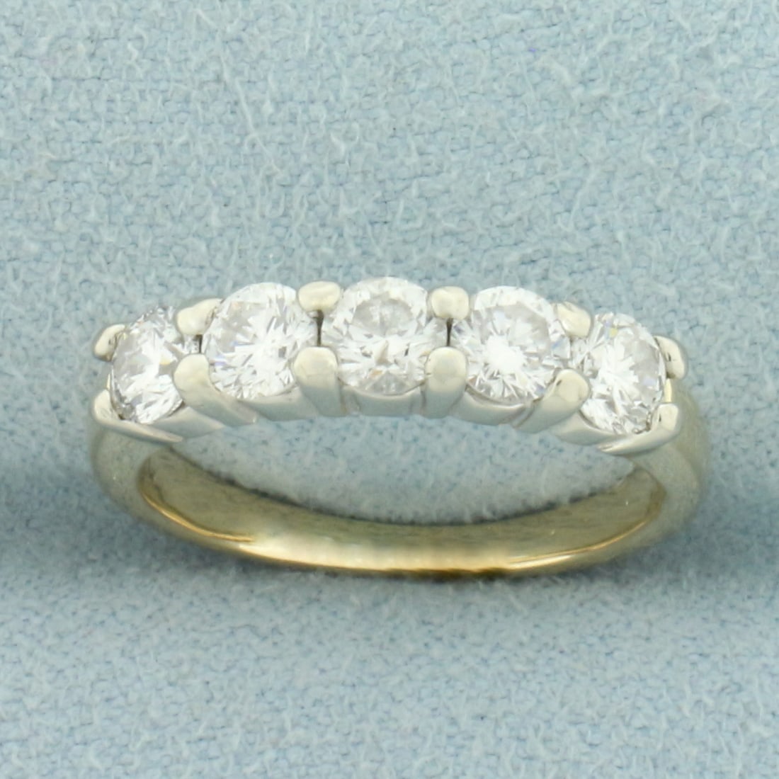 5 Stone Diamond Wedding or Anniversary Ring in 14k Yellow Gold: In 14k yellow gold. Contains five high quality diamonds, 1ct TW, H color/I1 clarity. Size 5. 3.0g.