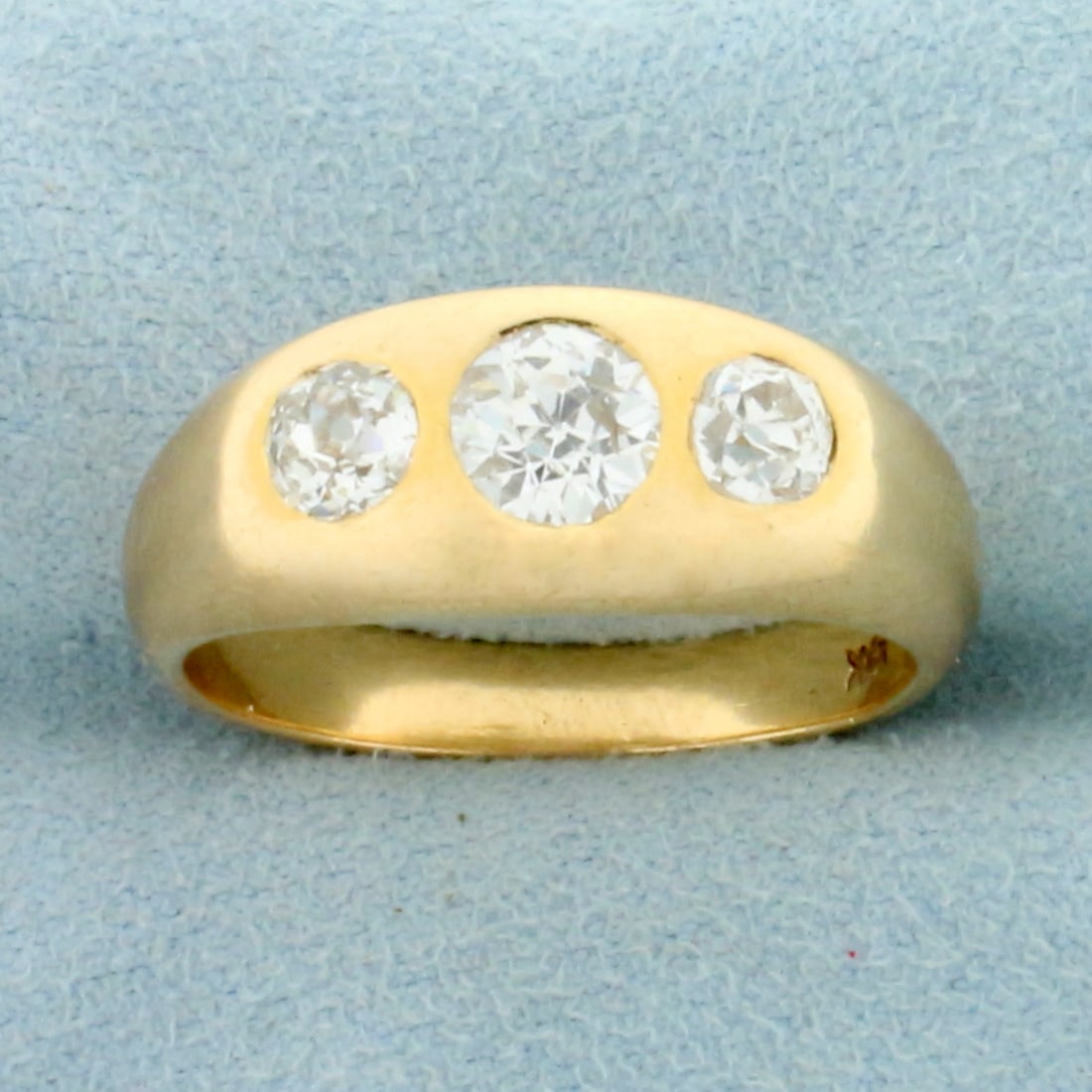 Mens Antique Old European Diamond Three Stone Ring in 14K Yellow Gold: In 14K Yellow Gold. Contains one high quality natural 0.85ct Old European Cut Diamond, SI clarity/H color. Also contains two 1/3ct Old European Cut Diamonds, VS clarity/H color. Size 10.5. 9.0g
