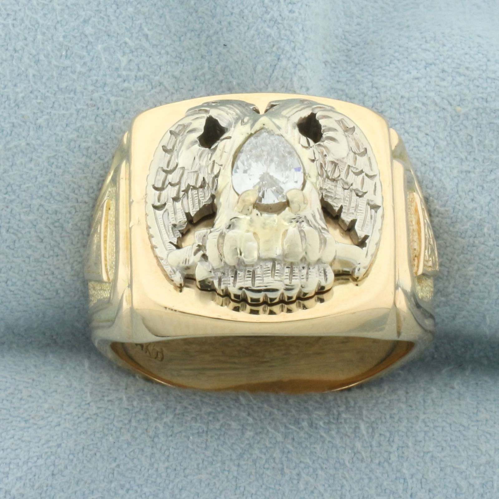 Diamond Mason 32nd Degree Scottish Rite Ring in 14k Yellow Gold: In 14k yellow and white gold. Contains one high quality 1/3ct pear shaped diamond, SI clarity/H color. Double headed eagle with yod symbol and 32nd degree. Size: 11. 27.0g.