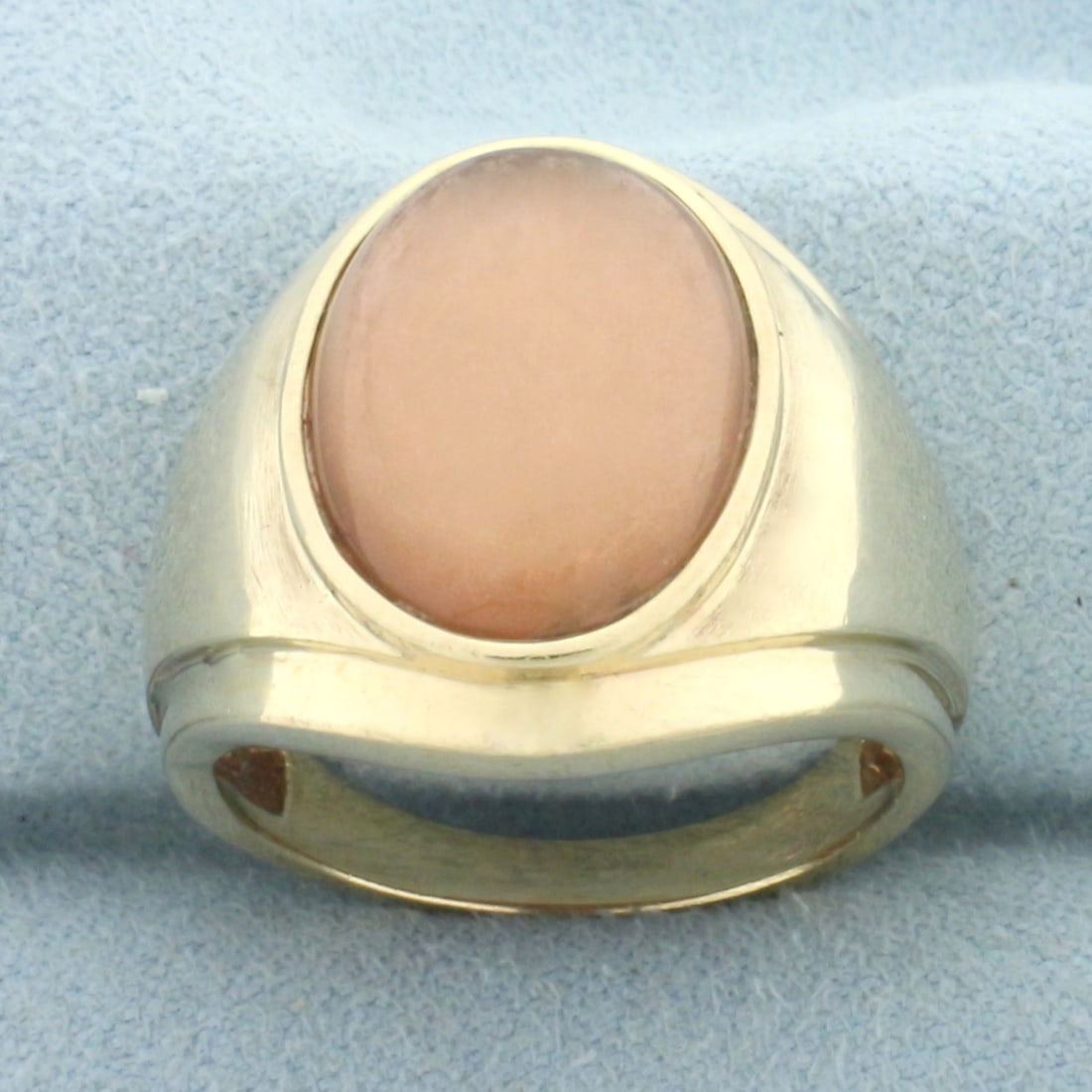 Mens Morganite Doublet Statement Ring in 10k Yellow Gold: In 10k yellow gold. Contains one high quality natural 16mm by 12mm Morganite Doublet gemstone with intense salmon color. 20.6mm wide at top. Size: 9.5. 8.7g.