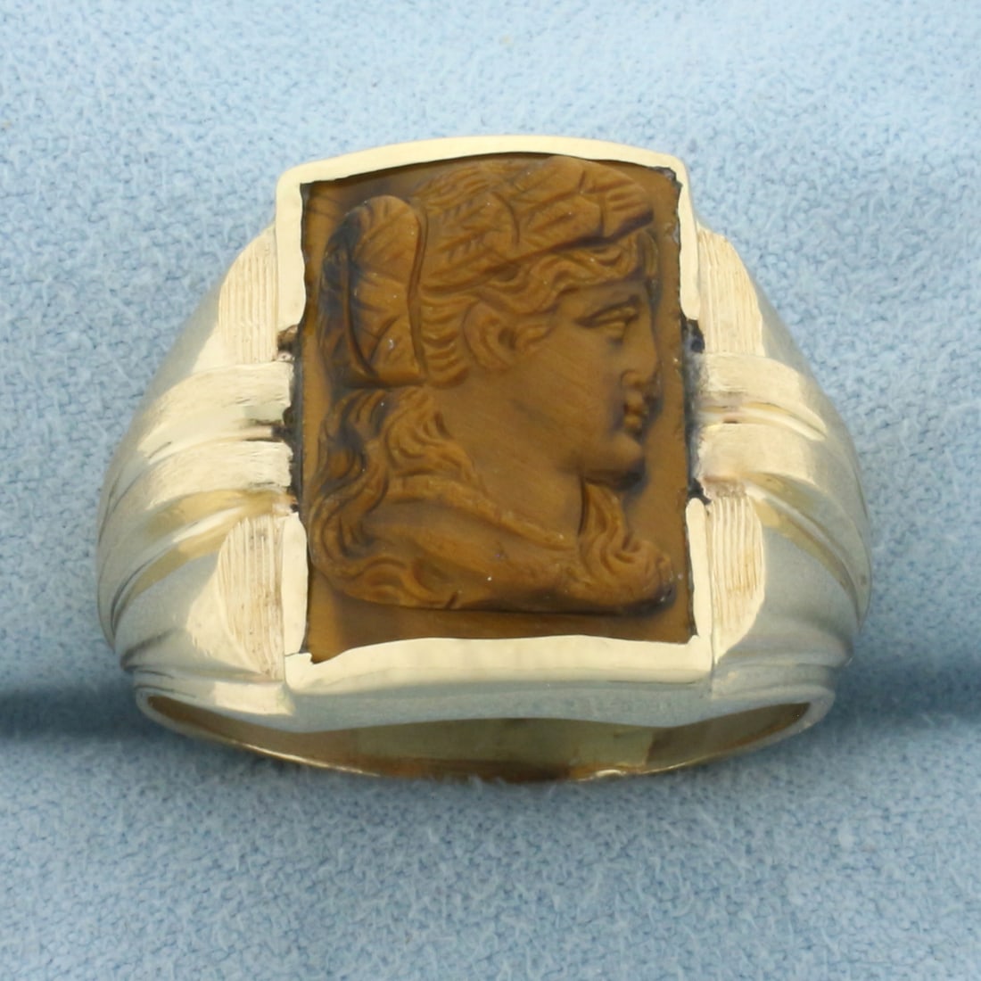 Mens Vintage Carved Tiger's Eye Cameo Ring in 14k Yellow Gold: In 14k Yellow Gold. Contains one 16MMx12mm hand carved tigers eye gemstone. Size 12. 13.0g.