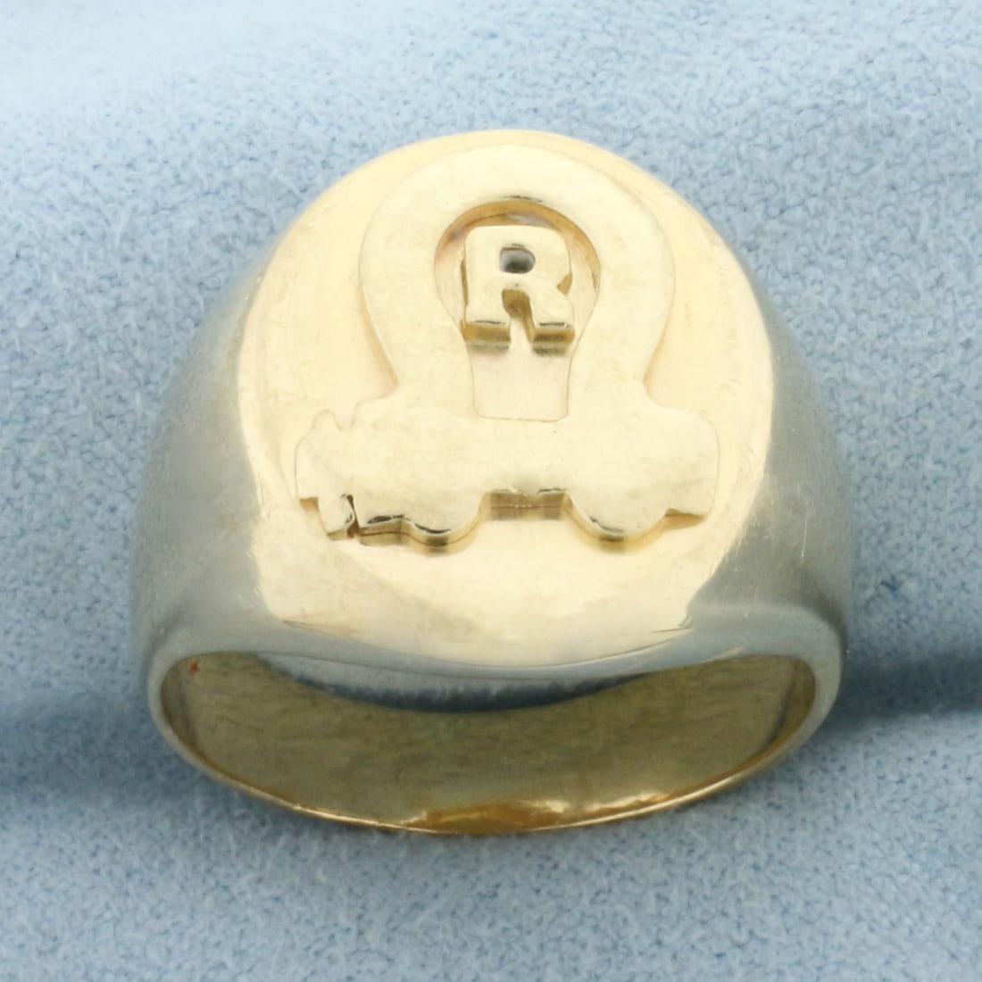 Mens R Initial Monogram Signet Ring in 14k Yellow Gold: In 14k Yellow Gold. 18.4mm wide at center. Size 10. 13.2g.