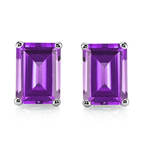 5x7 Emerald Cut Amethyst Earrings in Sterling Silver: In platinum over .925 sterling silver basket mountings with friction backs included. Contains 2 emerald cut Amethyst gemstones with excellent light purple color and clarity, approx. 2.0CTW, 5x7mm each