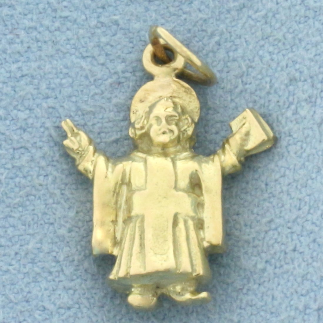 Devine Child Divino Nino Charm or Pendant in 14k Yellow Gold: In 14k Yellow Gold. 3/4 inch long including bail. 1/2 inch wide. 3.1g.