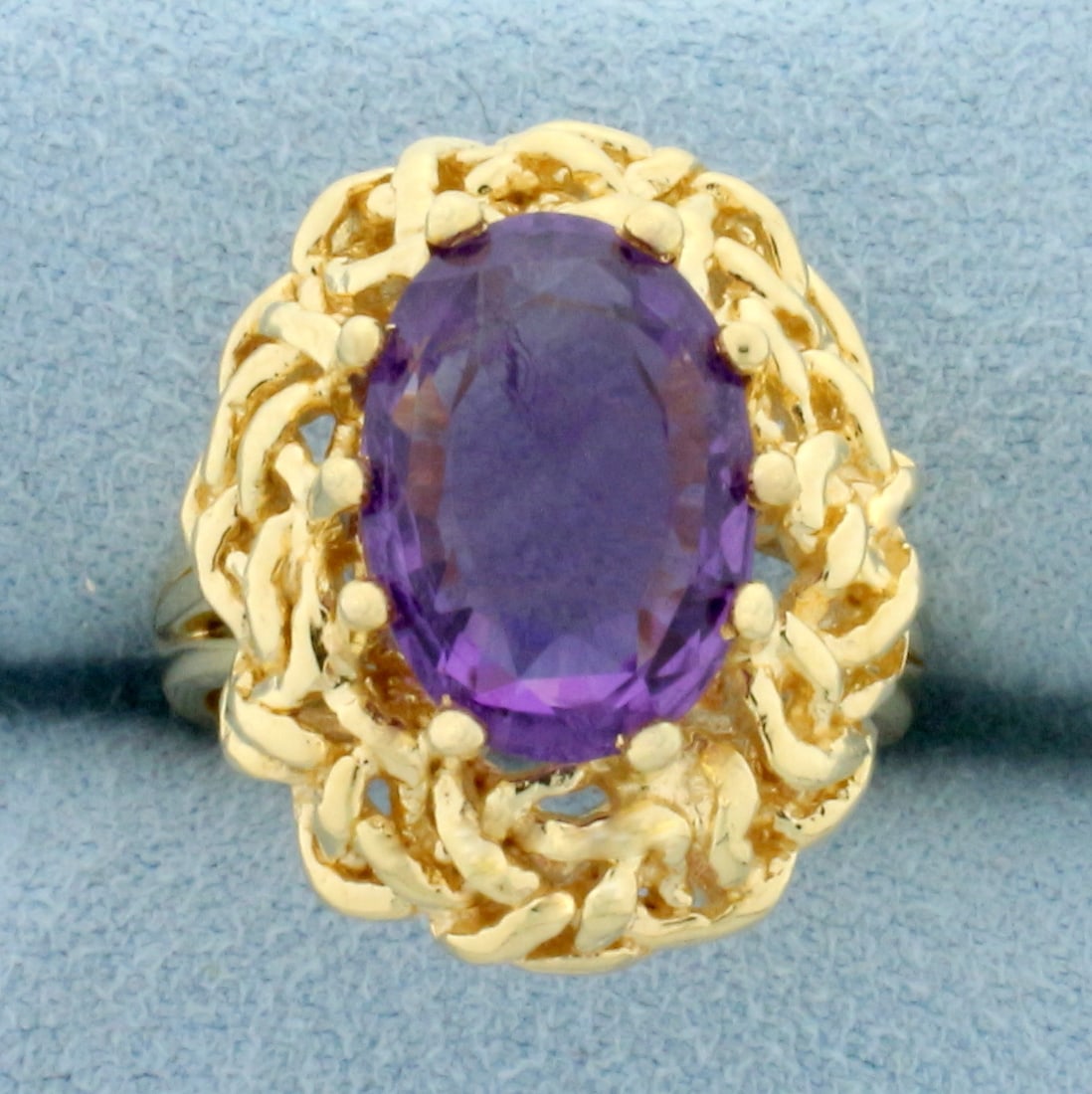 Vintage 5ct Amethyst Solitaire Ring in 14k Yellow Gold: In 14k yellow gold. Contains one high quality natural 5ct amethyst gemstone with vibrant purple color and excellent clarity. Size 7 3/4. 9.6g.