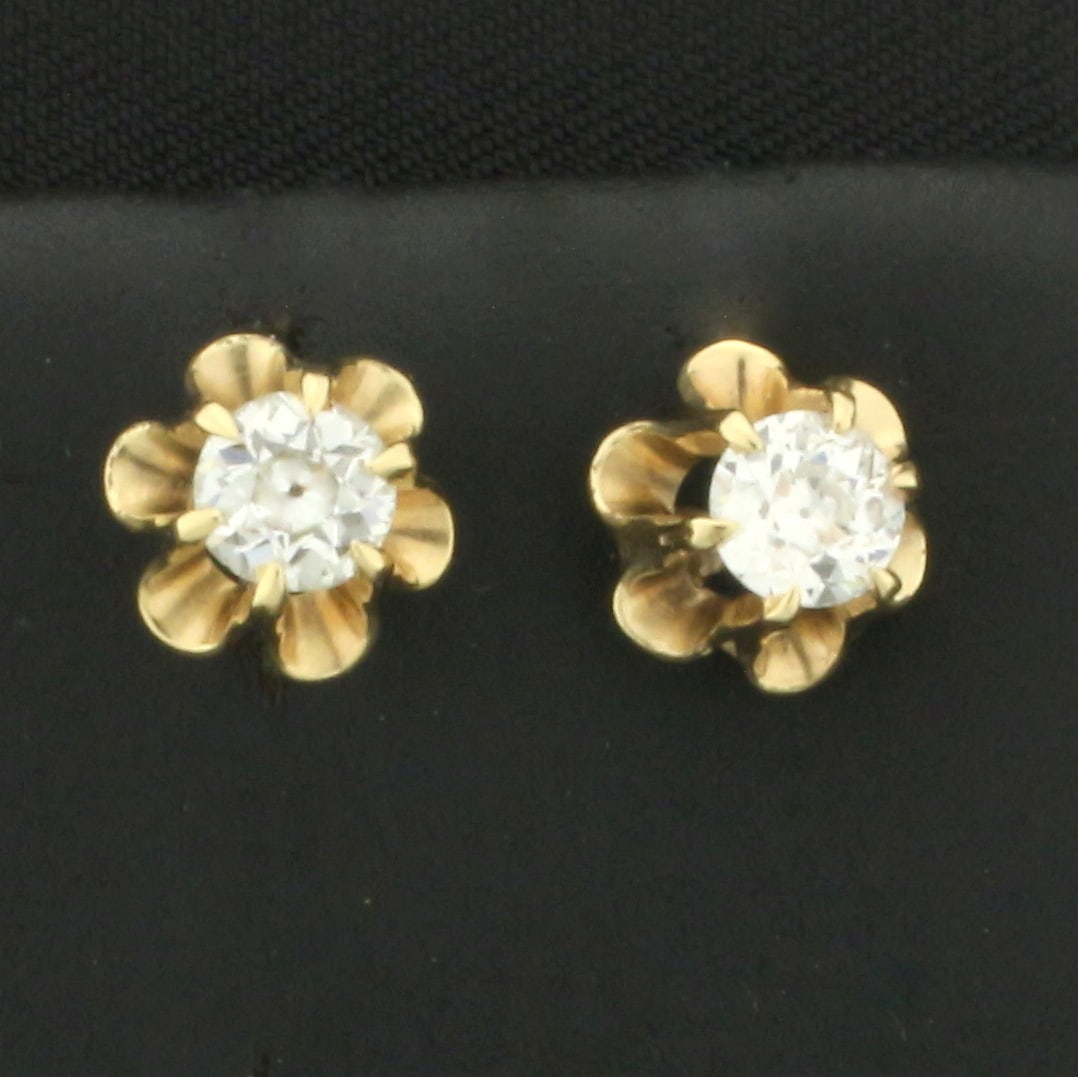 Antique Old European Cut Buttercup Stud Earrings in 14k Yellow Gold: In 14k yellow gold. Contains two high quality 1/3ct Old European cut diamonds, VS clarity/H color. Friction backs. 1.8g.