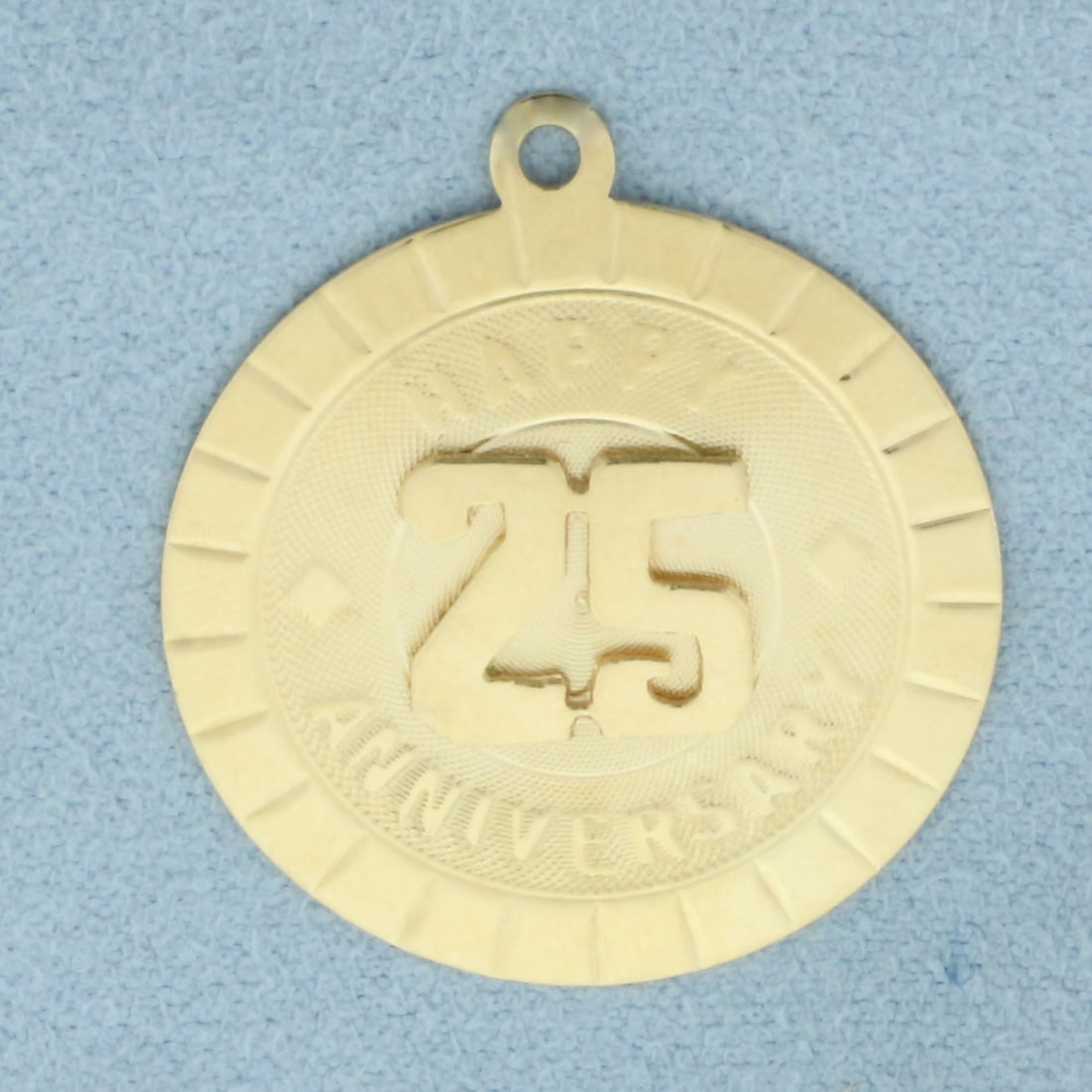 Happy 25 Anniversary Medallion Pendant or Charm in 14k Yellow Gold: In 14k yellow gold. 1 inch diameter. 2.8g.